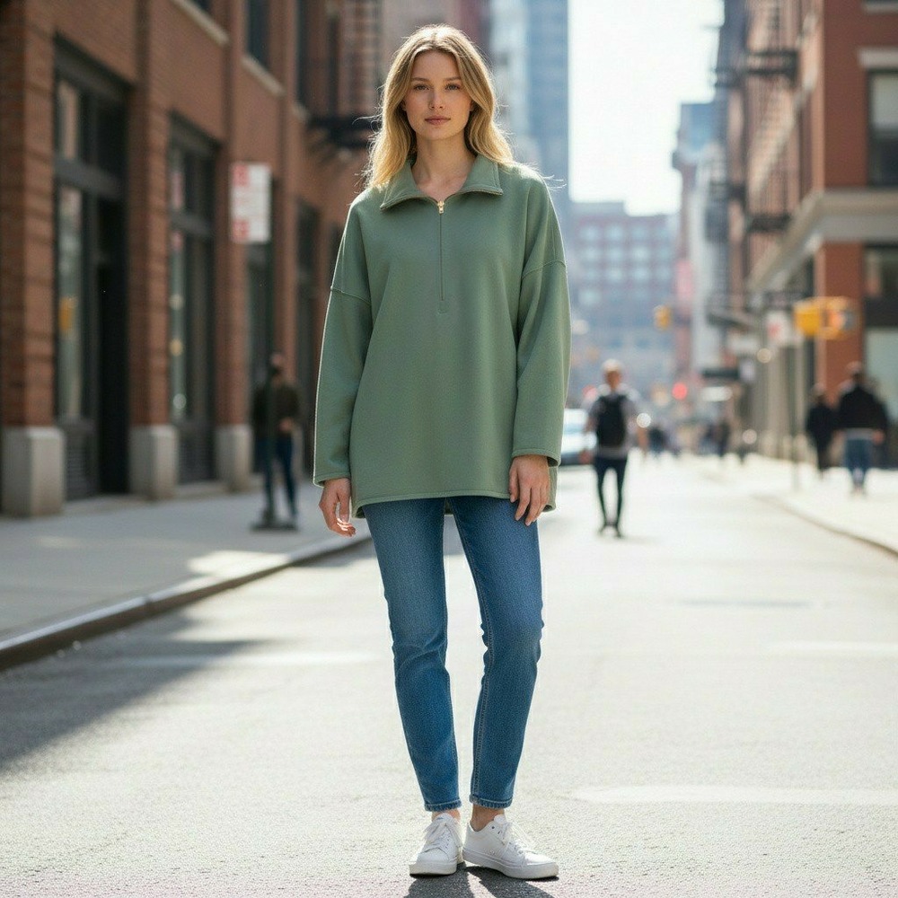J.Crew Womens University Terry Long Half Zip Tunic Sweatshirt Green XL BD657